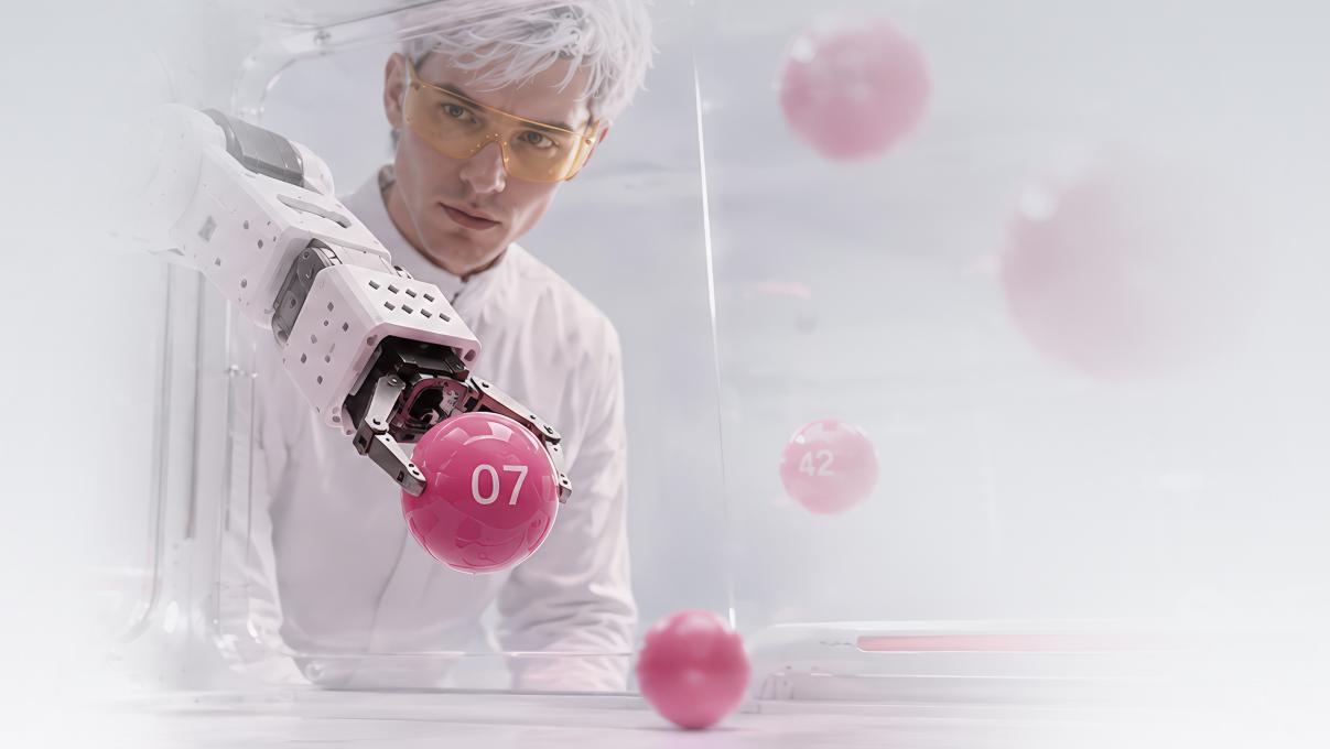 Robotic arm holding a numbered lottery ball