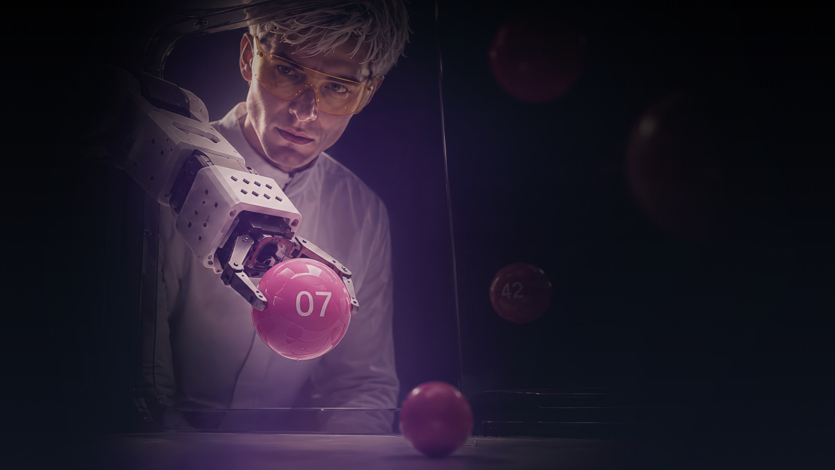 Robotic arm holding a numbered lottery ball